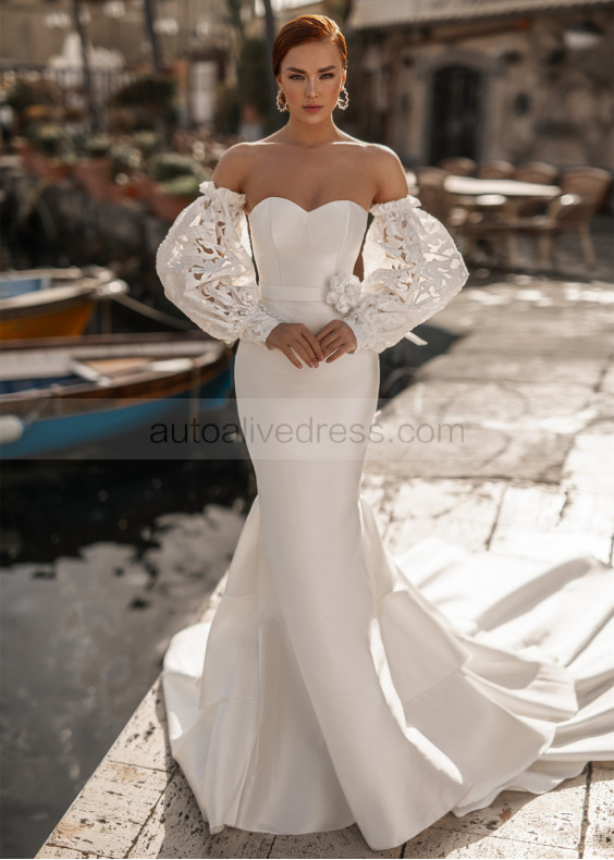 Strapless Ivory Satin Wedding Dress With Removable Sleeves